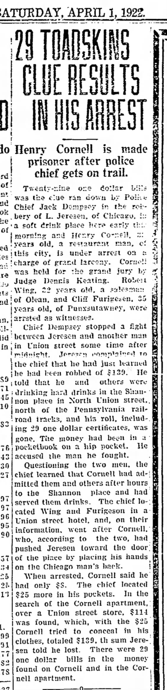 29 Toadskins Clue Results in His Arrest - Times Herald (Olean, NY) - 01 April 1922