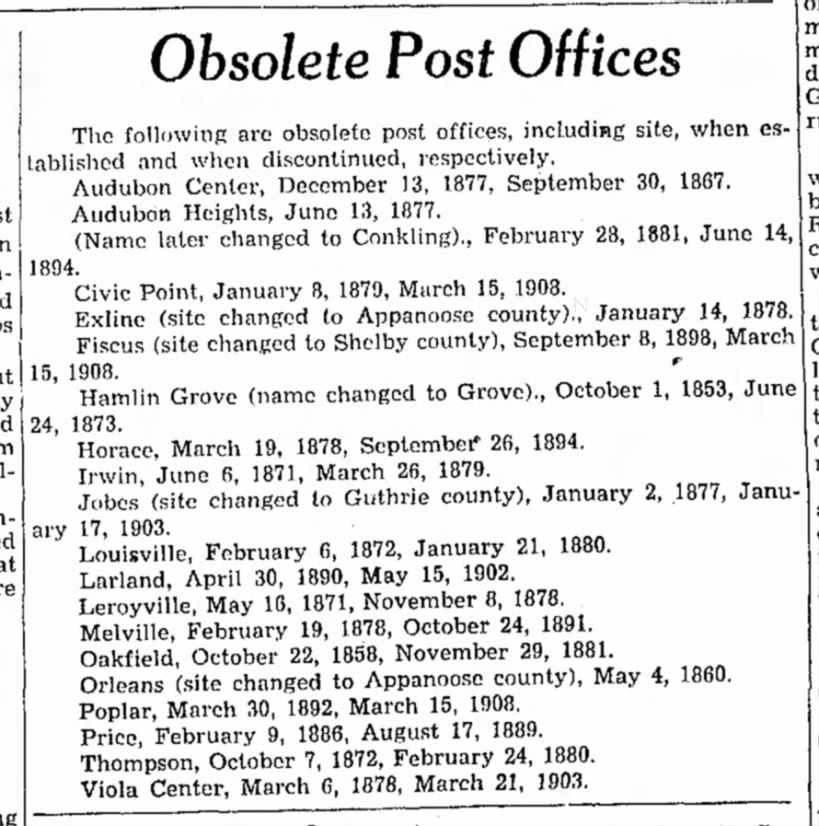 Obsolete Audubon County Post Offices