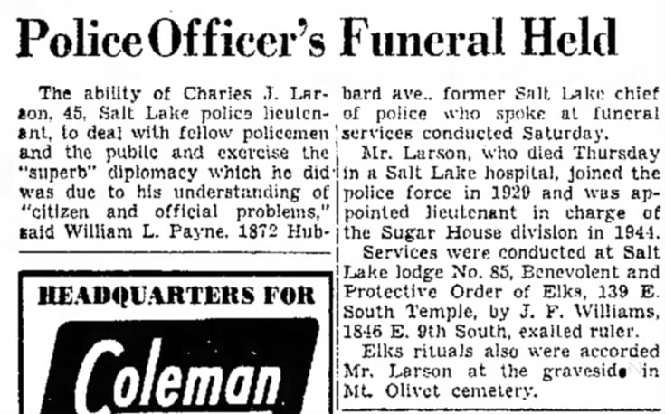 Charles Larson's Funeral, The Salt Lake Tribune, Salt Lake City, Utah, 31 Jul 1949 p. 11