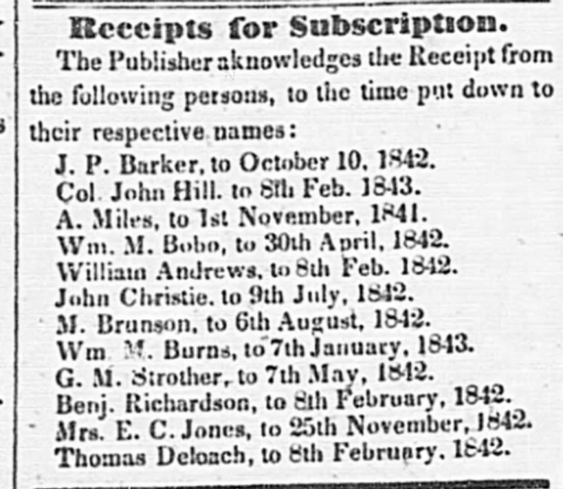 Receipt for subscription to newspaper
