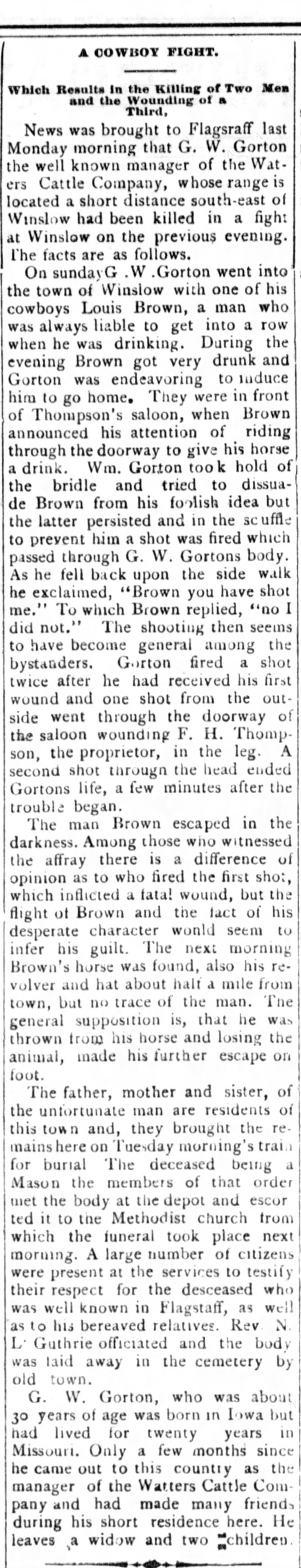 A cowboy fight in Winslow. 2 men dead. F H Thompson shot & wounded.