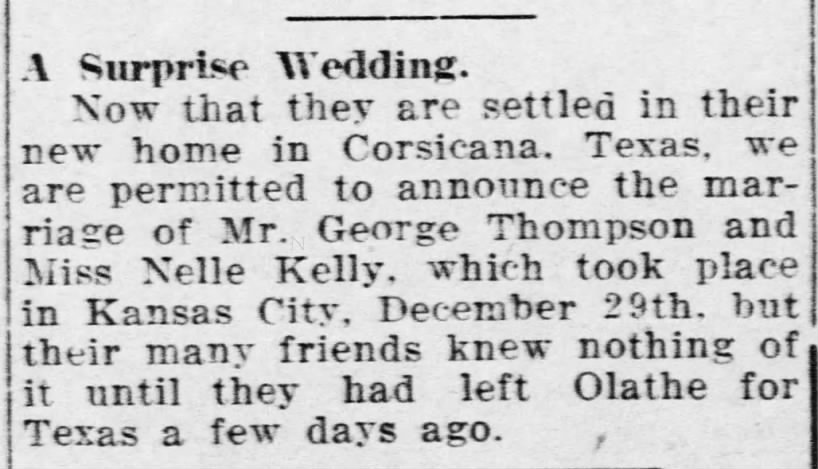 George Thompson & Nellie Kelly eloped and kept it a secret from their friends