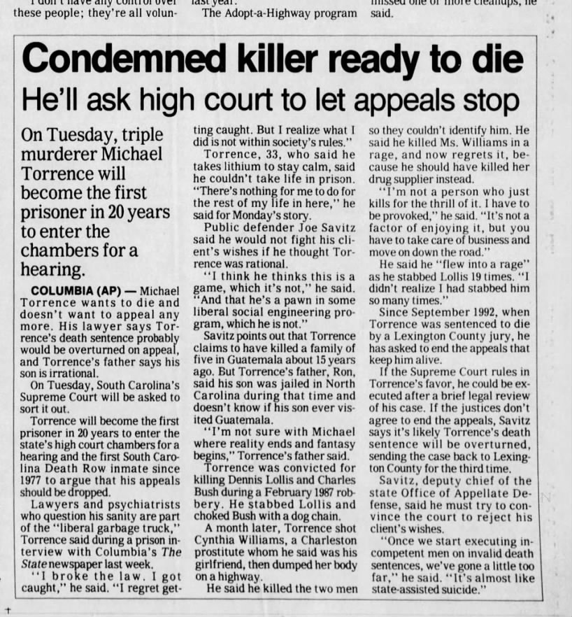 Torrence ask for appeal dropped  9-20-1994 interview