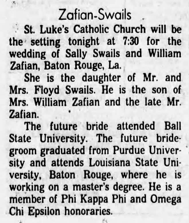 Swails_Sally - Marries William Zafian - Indianapolis News - 28 Nov 1981