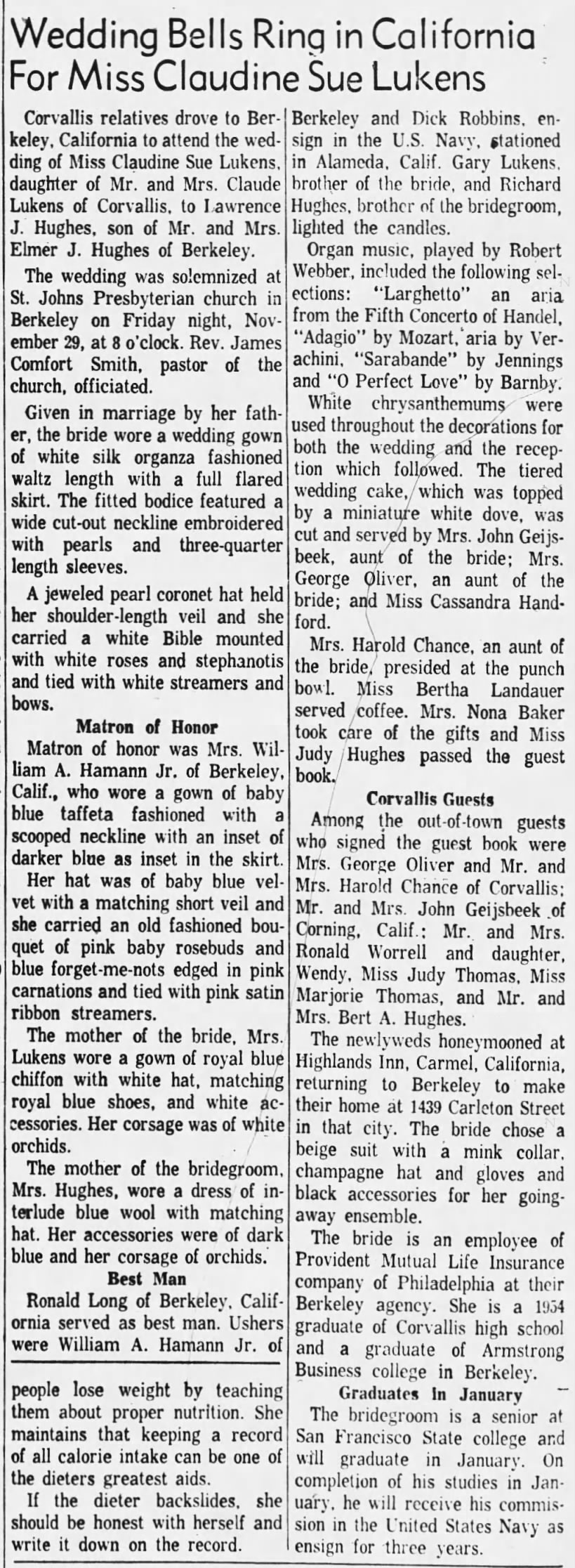 Lukens_Claudine - Marries Hughes - Corvallis Gazette - 28 Dec 1957