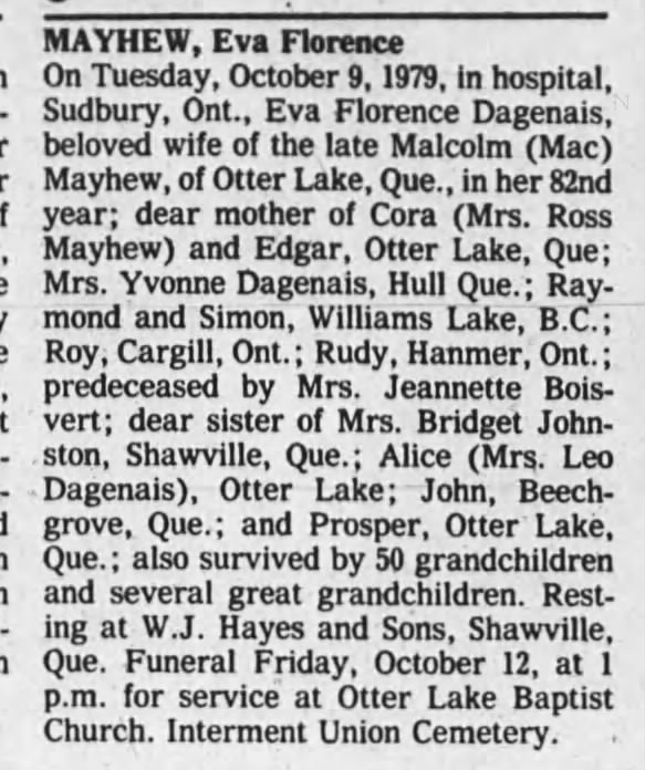 MAYHEW nee Dagenais, Eva Florence OBIT 9 Oct 1979 in Sudbury, ONT