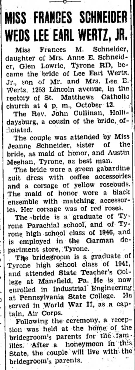 Marriage Frances Schneider and Lee Wertz 1948 Tyrone