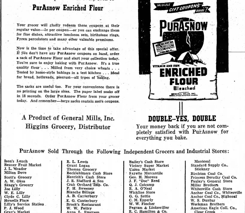 Ad for PurAsnow Flour, Ison's Lubch, distributor