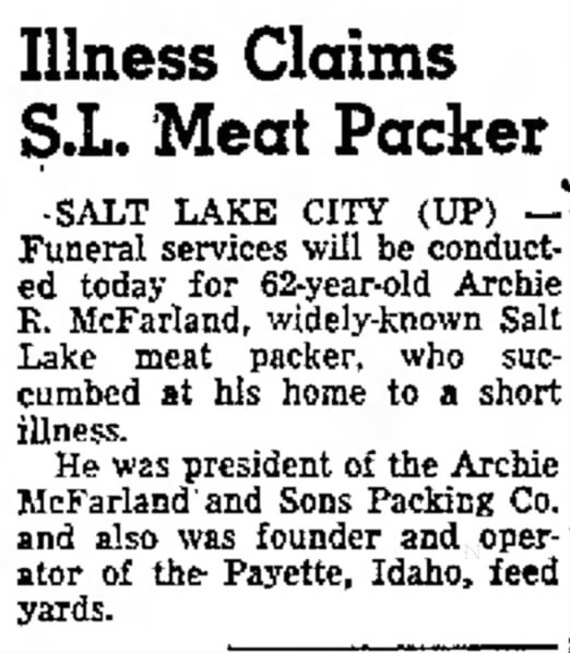 Obituary for Archie Rae McFarland Jan 14th 1953