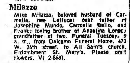 Mike Milazzo obit Oct 1967