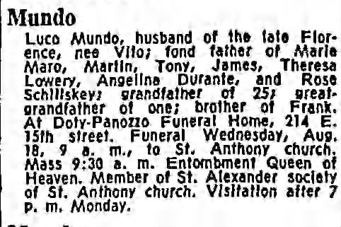 Luco Mundo obituary August 16, 1965