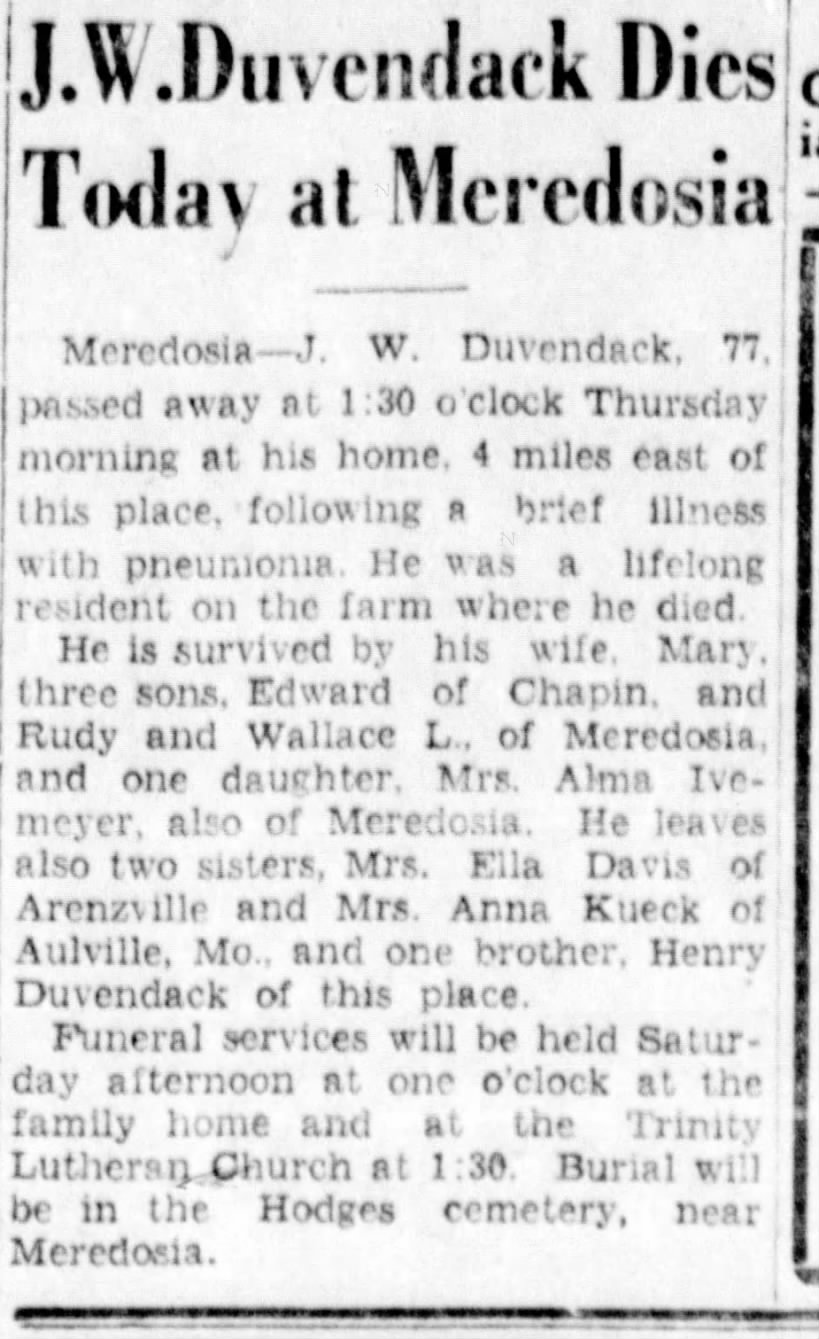 John W Duvendack Obit. Reported Oct 19 1934