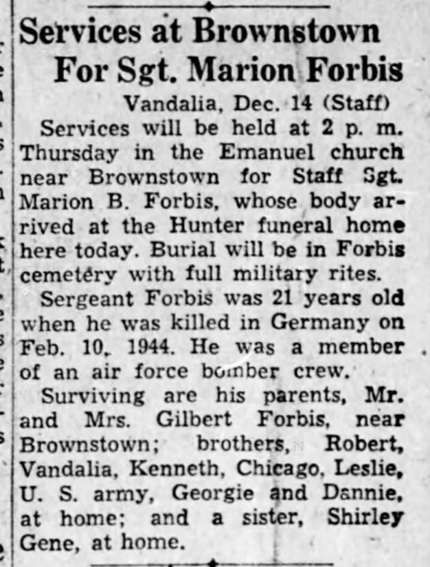 Obit of Marion B Forbis.  Decatur IL Daily.  15 Dec 1948