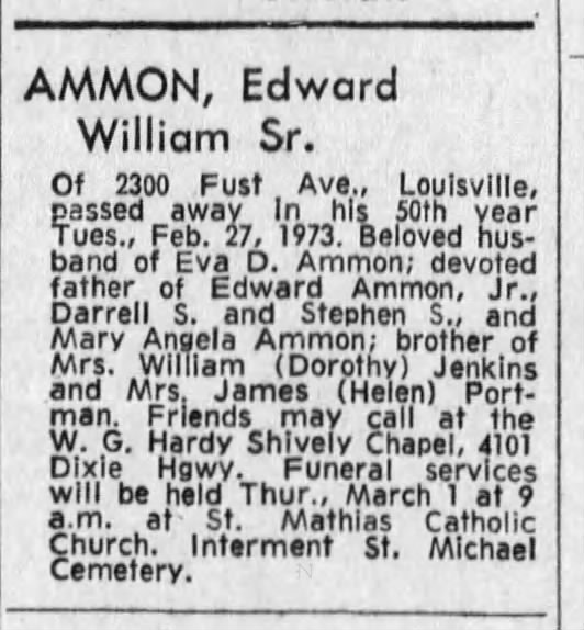 edward william ammon Sr. obit 03/01/1973