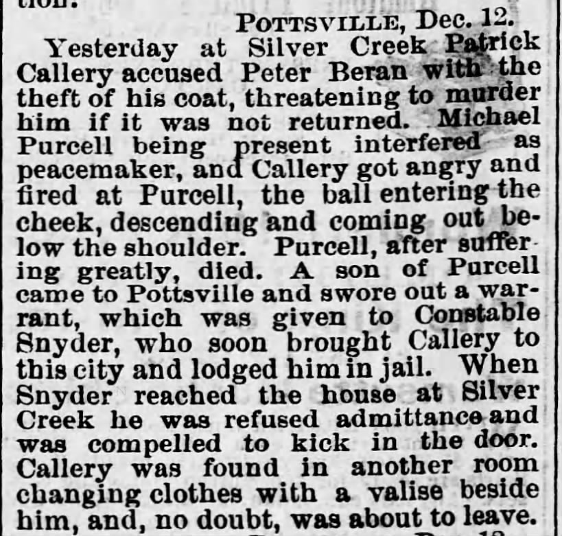 Callery, Patrick. Harrisburg Telegraph, Harrisburg, PA.  13 December 1875. Page 1.