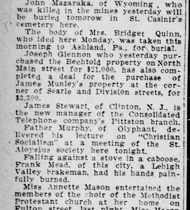 Bridget Quinn of Ashland January 10, 1913 in The Scranton Republican