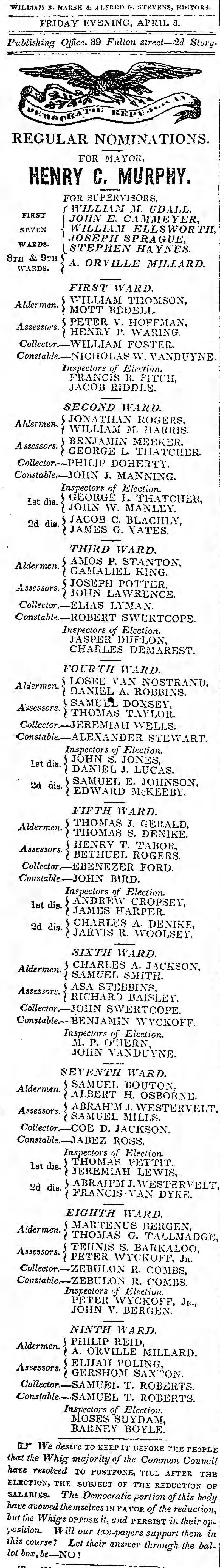 Nominations, 9th Ward Assessor, Elijah Poling, 8 April 1842, p. 2.