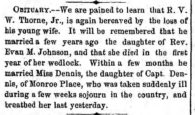 Death of Sarah Thorne, daughter of Capt Dennis of Monroe pl., 27 Jul 1853