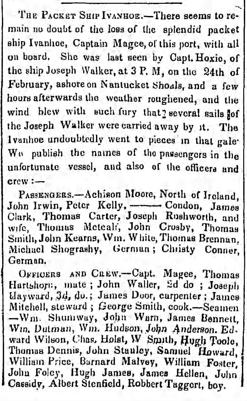 Loss of the Ivanhoe, with seaman Thomas Dennis, 5 April 1851, p 2