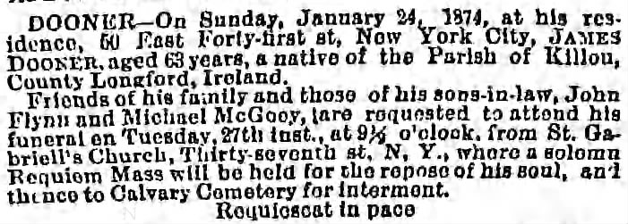 James Dooner obituary, 26 Jan 1874, "native of the Parish of Killou, County Longford, Ireland."