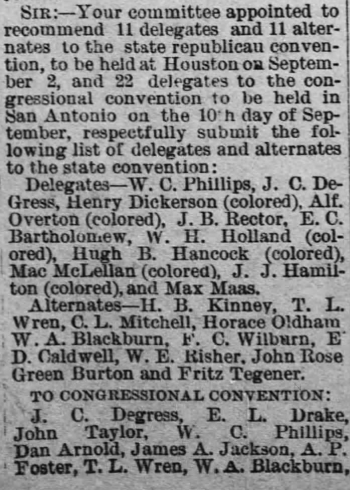 Delegates to Republican convention in San Antonio, 10 Sept 1884