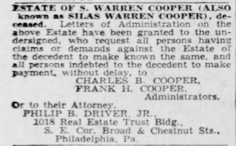 Estate of Silas Warren Cooper - bros. Charles B. and Frank H. - Administrators