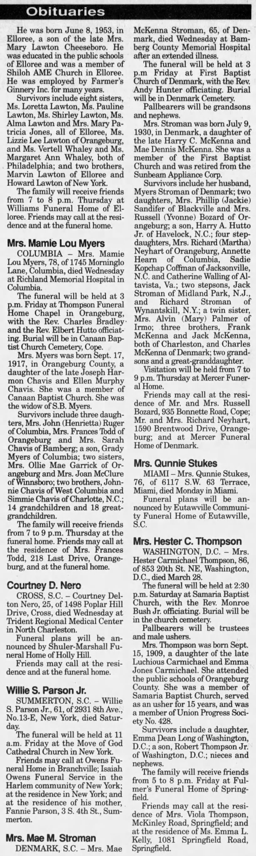 Obituary Mrs. Mae McKenna Stroman (bottom of 1st column and top of 2nd)
