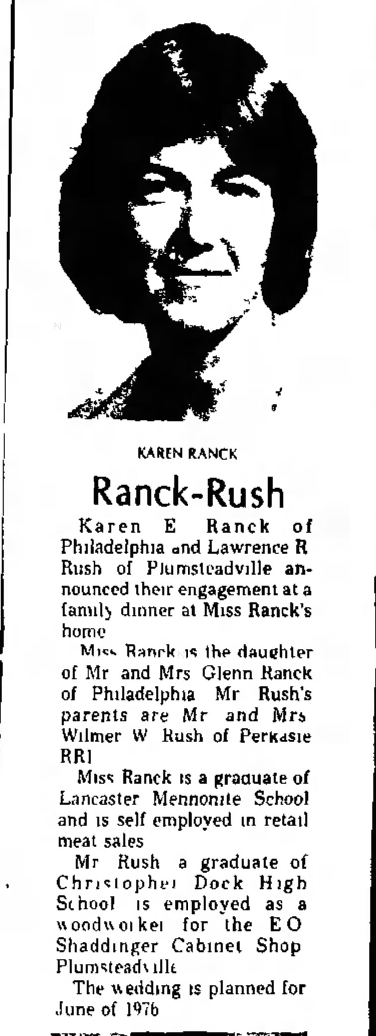 Lawrence R Rush and Karen E Ranck engagement notice Daily Intelligencer 6 Dec 1975 pg 3