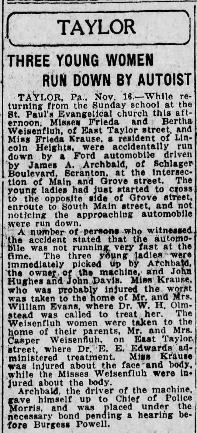 Weisenfluh - Casper's 2 daughters hit by car, The Scranton Republican, 17 Nov 1919, page 6