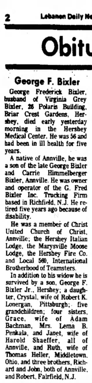 Obituary - George Frederick Bixler (son of George & Carrie Himmelberger Bixler)