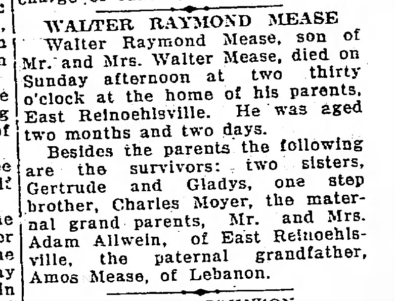 Obit Walter Raymond Mease 10 Sep 1928