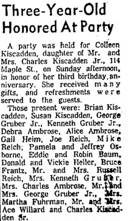 Kiscadden, Colleen 3rd birthday party 19 Sep 1960