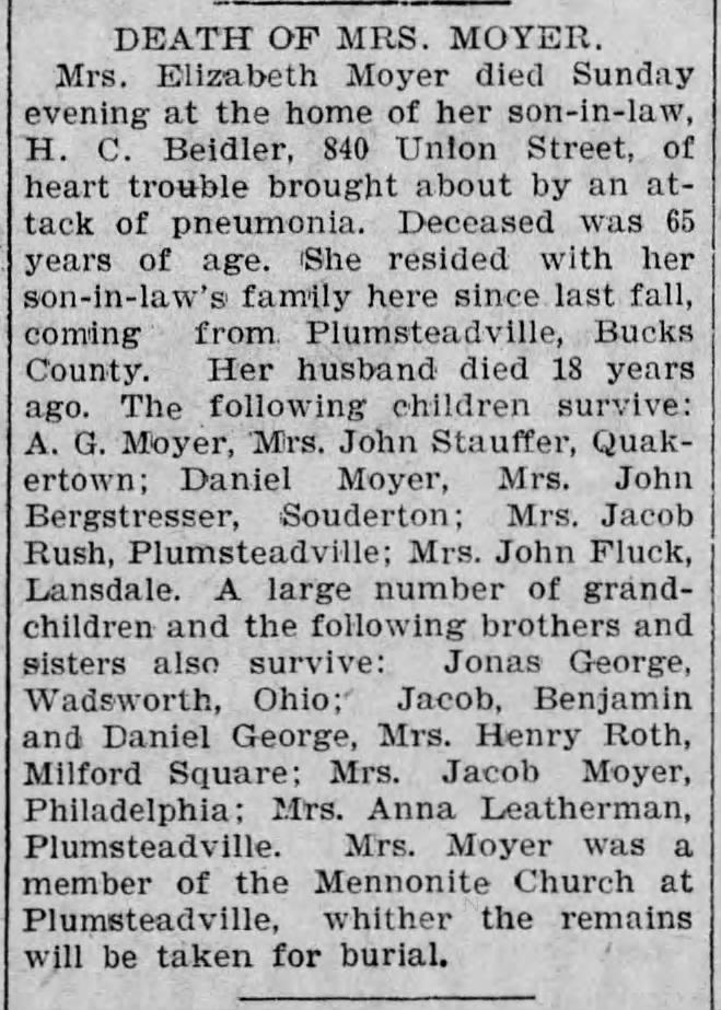 Elizabeth (nee George) Moyer Obituary; The Allentown Leader, Mon, 9 Mar 1903, pg 8