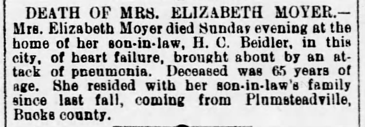 Elizabeth Moyer obituary, The Allentown Democrat, Wed 11 Mar 1903 pg 3