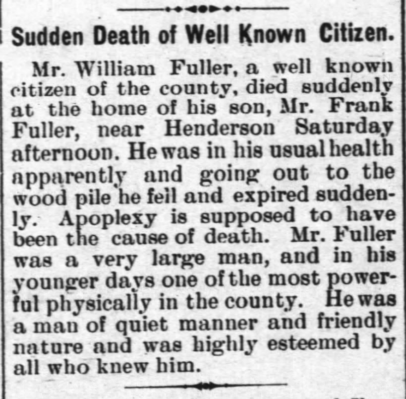 Sudden Death of William Fuller (7 Dec 1905 Henderson Gold Leaf)