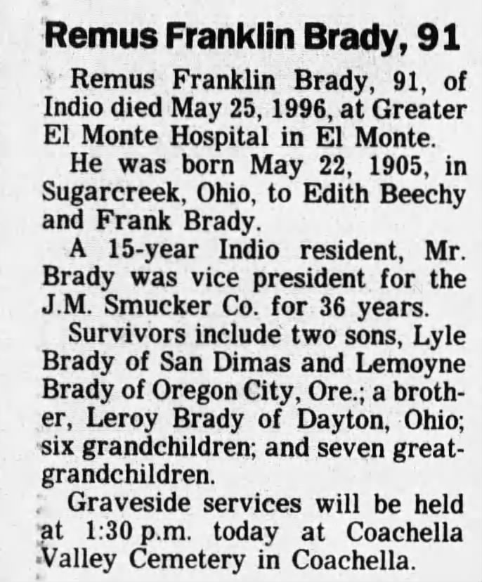 Obit: Remus Franklin Brady 22 May 1905 - 25 May 1996