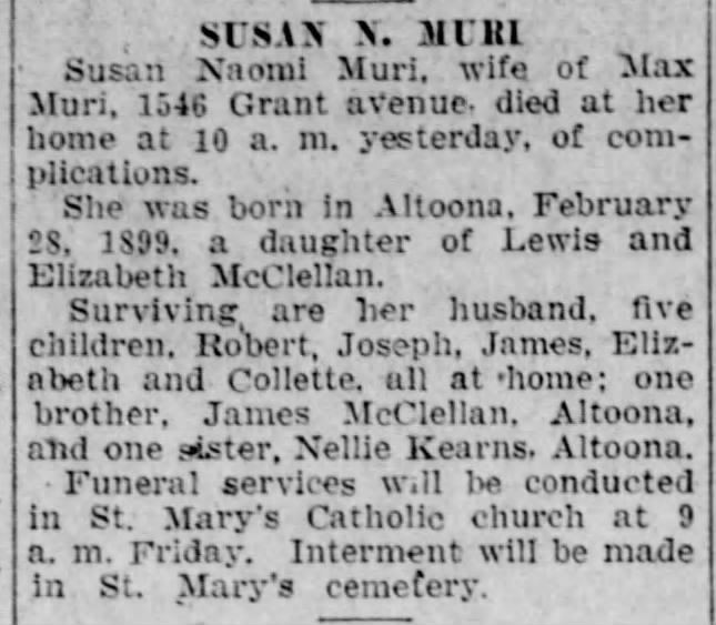 Susan Muri obit Altoona Tribune Altoona PA Feb 15, 1928 Wed pg 16