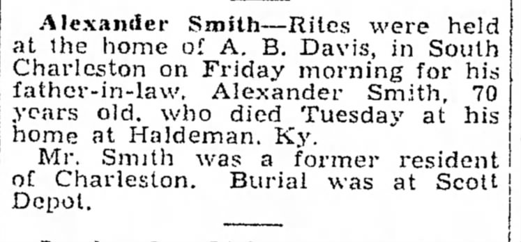 Alexander Smith's obituary in The Charleston Daily Mail 18 January 1935
