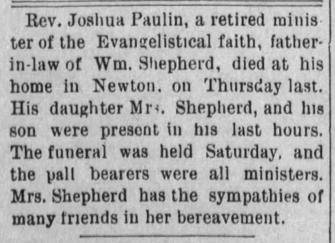 Rev Joshua Paulin dies Obit
The Kingman Journal  Fri Nov 17 1899
