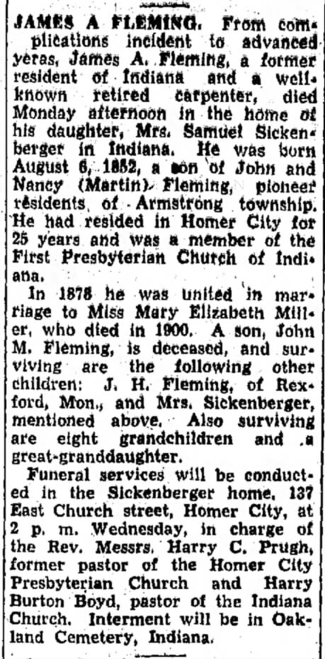 Obituary of James A Fleming - Indiana Evening Gazette 10 May 1938 - Page 3