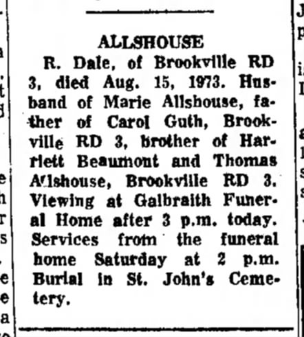 Obituary of Russell Dale Allshouse dated 17 Aug 1973