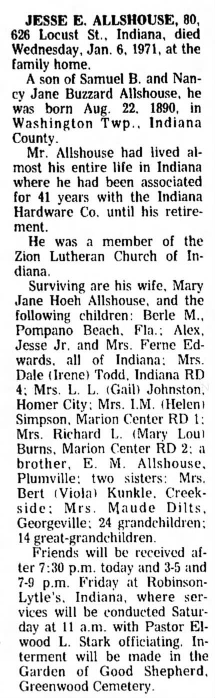 Obituary of Jessie E Allshouse dated 7 Jan 1971