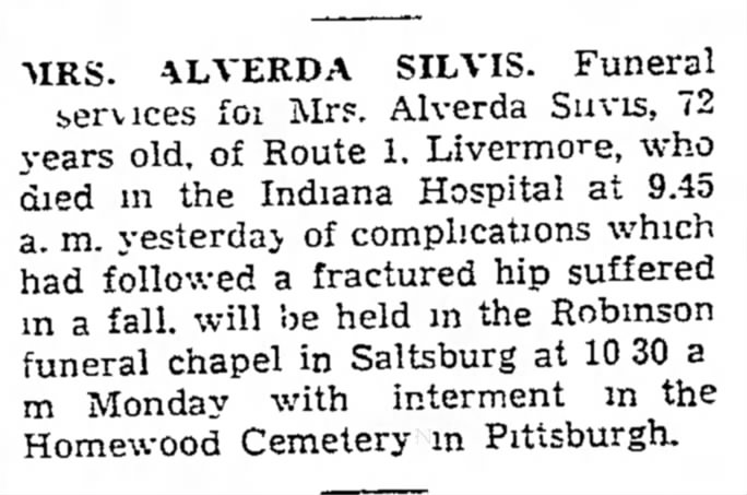 Obituary of Mrs. Alverda Silvis 8 Feb 1936