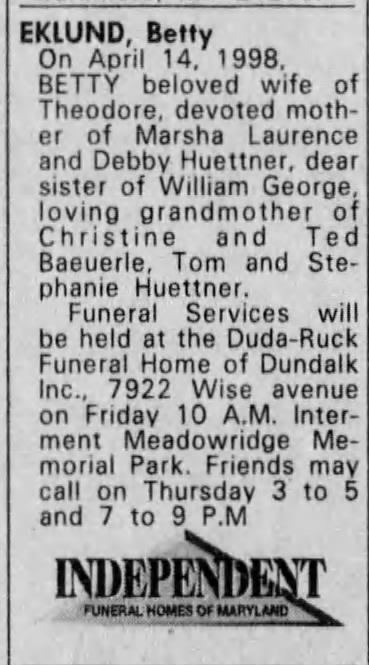 Obituary of Betty Eklund
 (nee George)