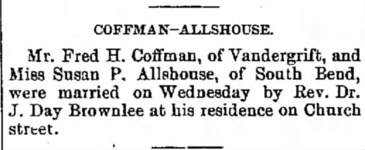 Marriage announcement of Fred Coffman and Susan P Allshouse - dated 18 Oct 1899