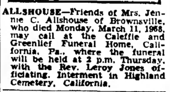Funeral Notice of Jennie C. Allshouse - dated 13 Mar 1968