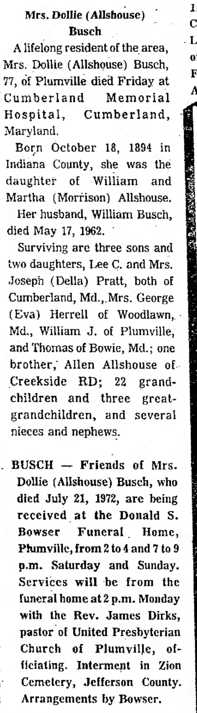 Obituary of Dollie (Allshouse) Busch dated 22 Jul 1972