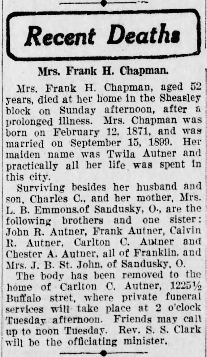 Obituary of Twila Autner Chapman dated 17 Sep 1923