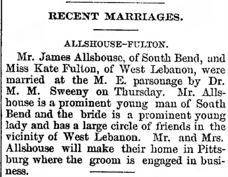 Marriage Annoucement James Allshouse and Kate Fulton dated 30 Oct 1895