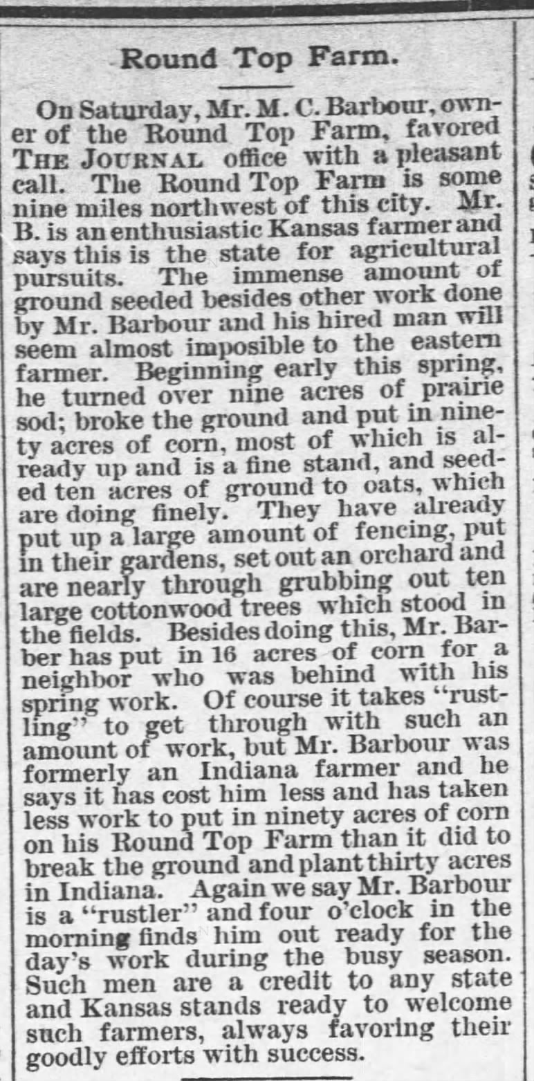 Farmer M.C. Barbour 3 May 1888 Coffeyville Weekly Journal
